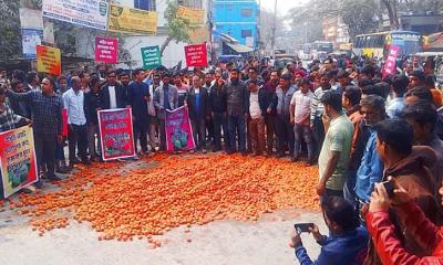 সড়কে টমেটো ফেলে কৃষকদের বিক্ষোভ