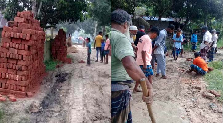 নিজ উদ্যোগে সড়ক উন্নয়নে কাজ করছেন গ্রামবাসী