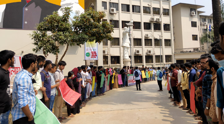 জুনিয়রের ওপর হামলা, প্রতিবাদে কুবি শিক্ষার্থীদের মানববন্ধন